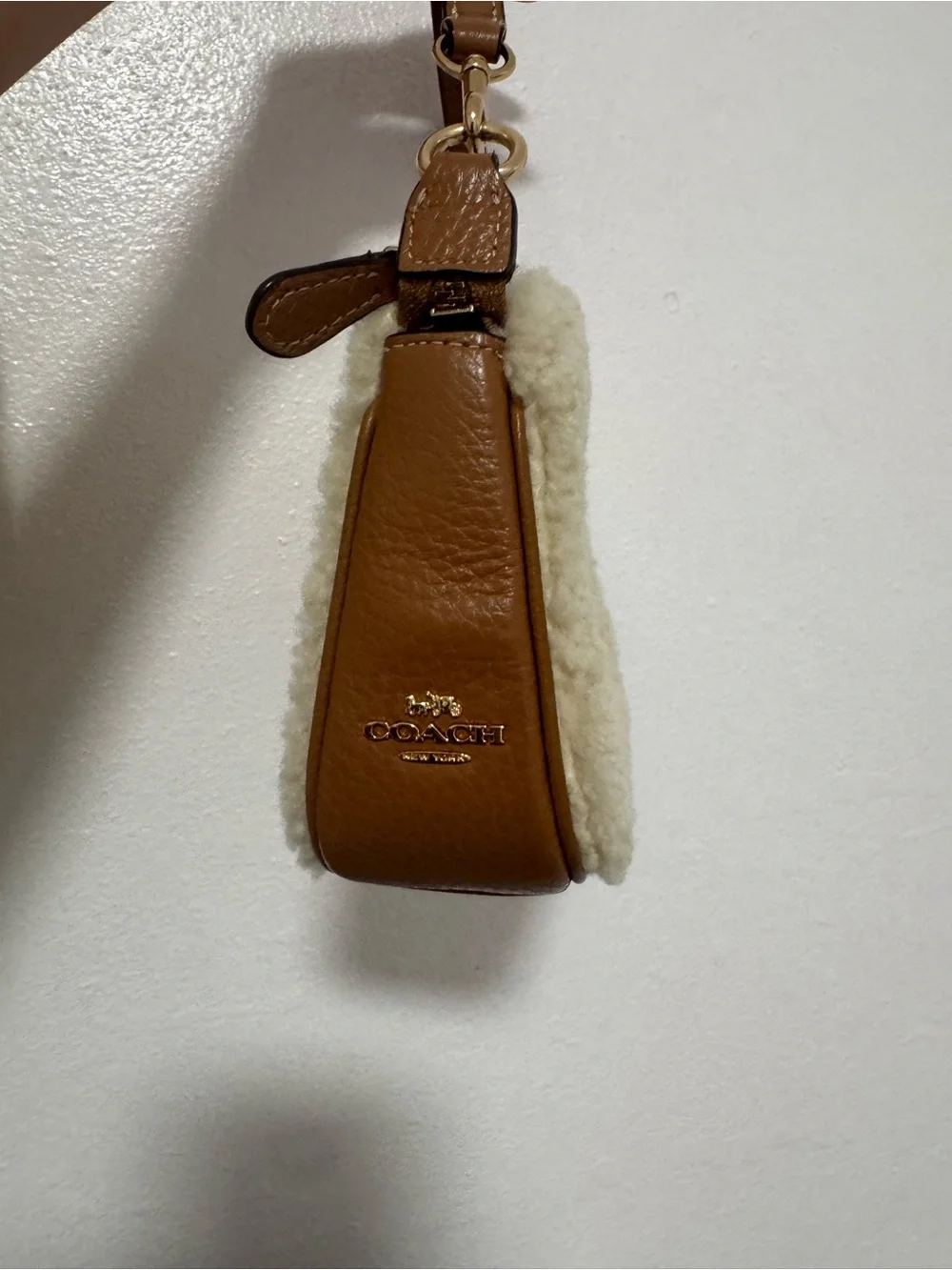 Coach Shearling Wristlet in Cream with Tan 'C' Detailu